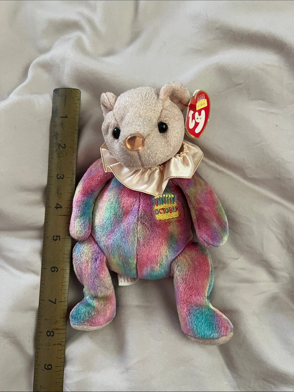 Ty Beanie Babies Birthday October Bear Plush Opal Birthstone 2001 w/ Tag 8”